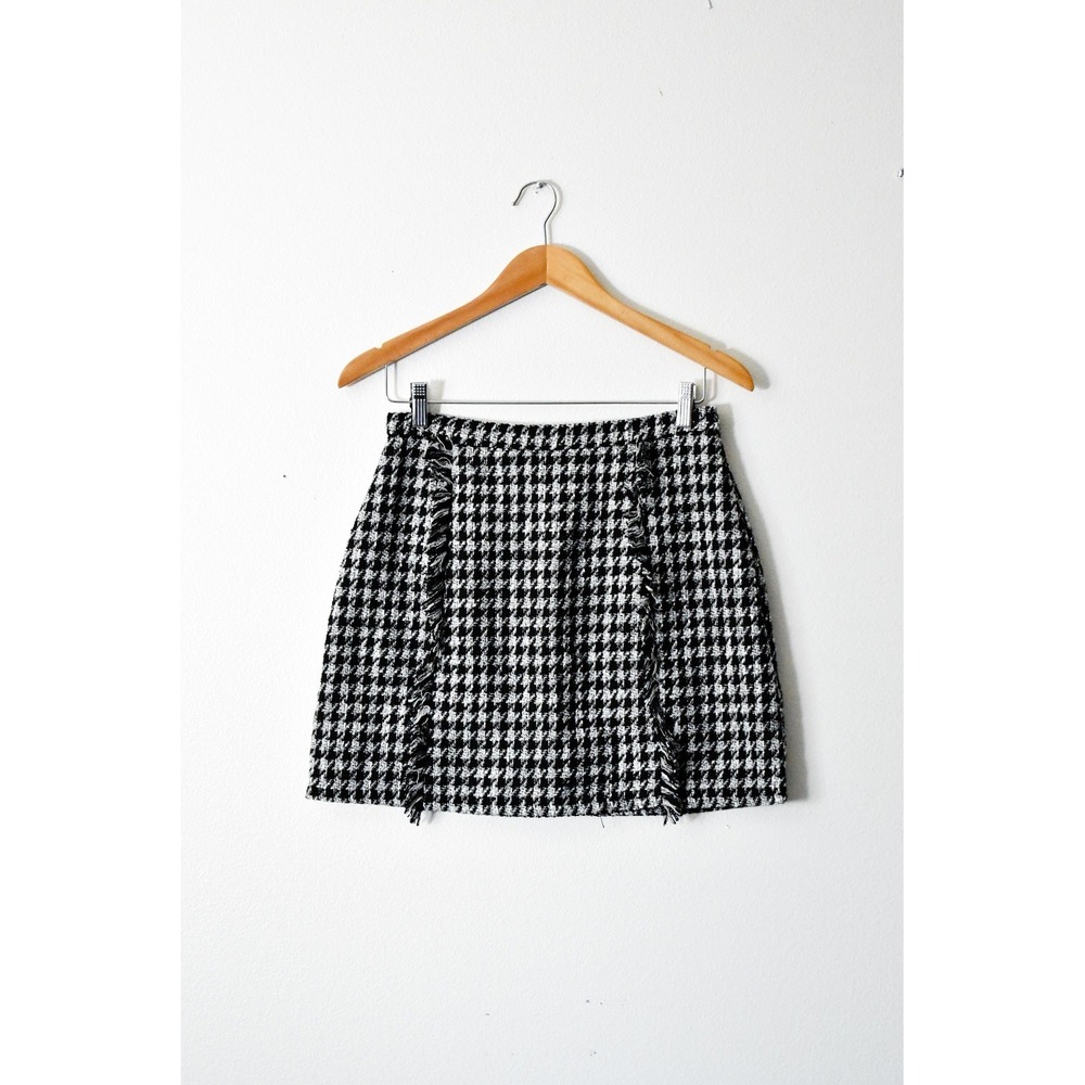 Lulus Mini Skirt Women Size M Black White Excellent Houndstooth Tweed Fringe